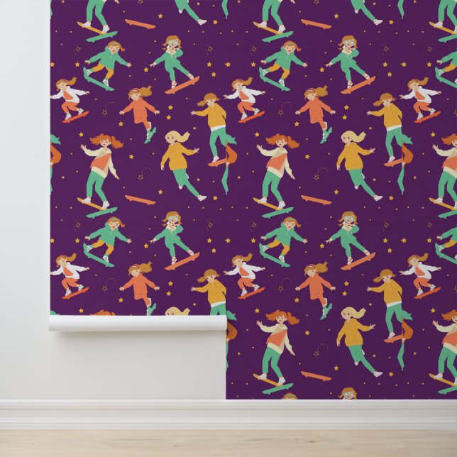 Papel Pintado Chicas de Skateboard con patrón de estrellas (Solicitud)