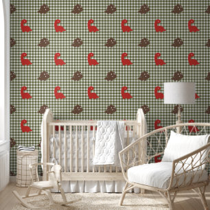 Papel Pintado Chicos Dinosaurio Cuadros - Marrón Granero Rojo Ej