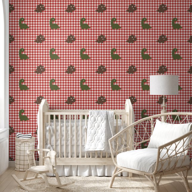 Papel Pintado Chicos Dinosaurio Gingham - Rojo Granero Verde Ejé (Niños)