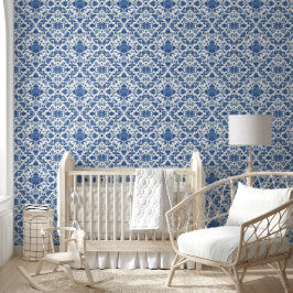 Papel Pintado Chinoisería Floral Azul Acuarela Blanca