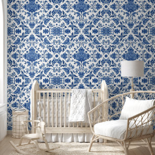 Papel Pintado Chinoisería Floral Azul Acuarela Blanca