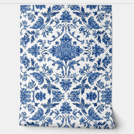 Papel Pintado Chinoisería Floral Azul Acuarela Blanca