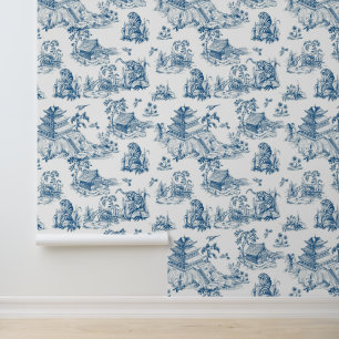 Papel Pintado Chinoisería Vintage Pagoda Leopardo Azul Marino y