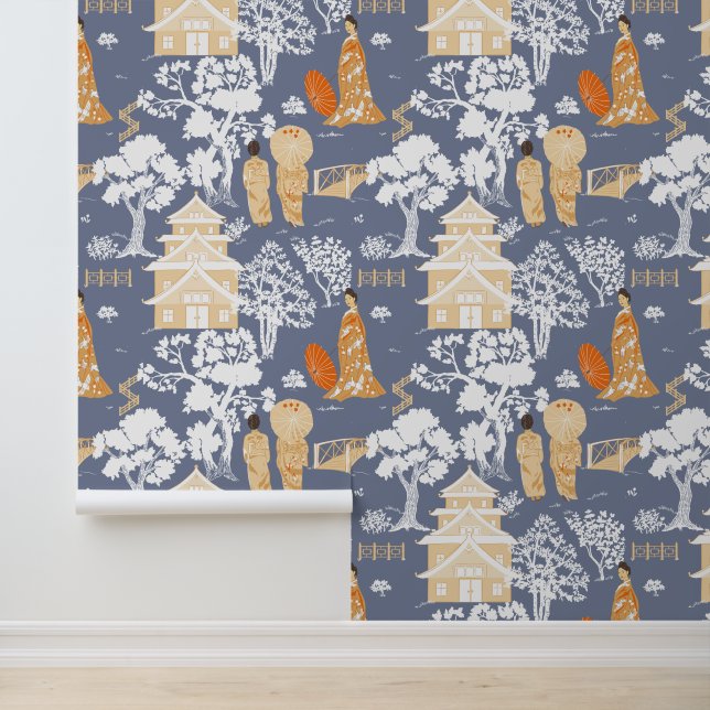 Papel Pintado Chinoiserie azul y Naranja (Solicitud)