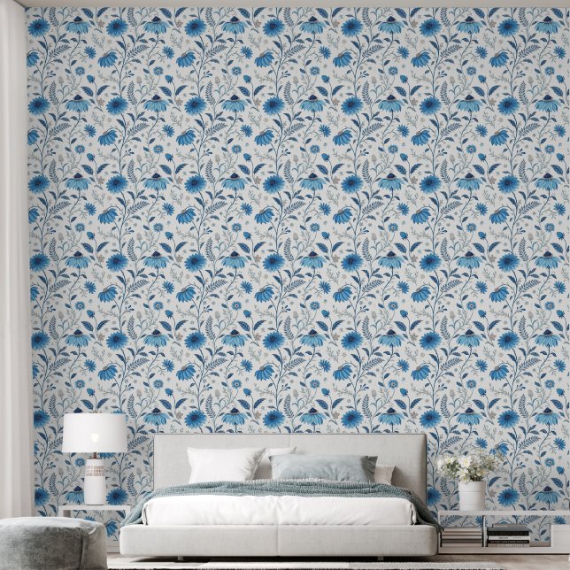 Papel Pintado Chinoiserie Blue Echinacea Pattern (Dormitorio)