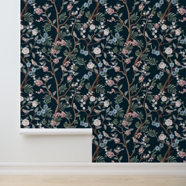 Papel Pintado Chinoiserie Peony Flowers, Trees Birds Dark Floral (Solicitud)