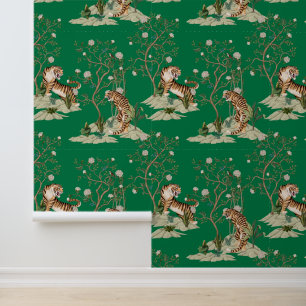 Papel Pintado Chinoiserie Tigre, Peonías y Árboles Verde de Prim