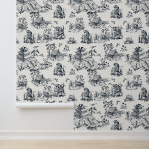 Papel Pintado Chinoiserie Vintage Pagoda Leopardo Crema y Negro