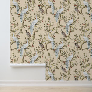 Papel Pintado Chinoiserie Vintage Peonía Pavo Real Blanco Almend