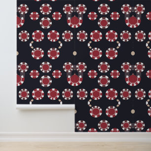 Papel Pintado Chips de póquer rojo y blanco sobre fondo oscuro