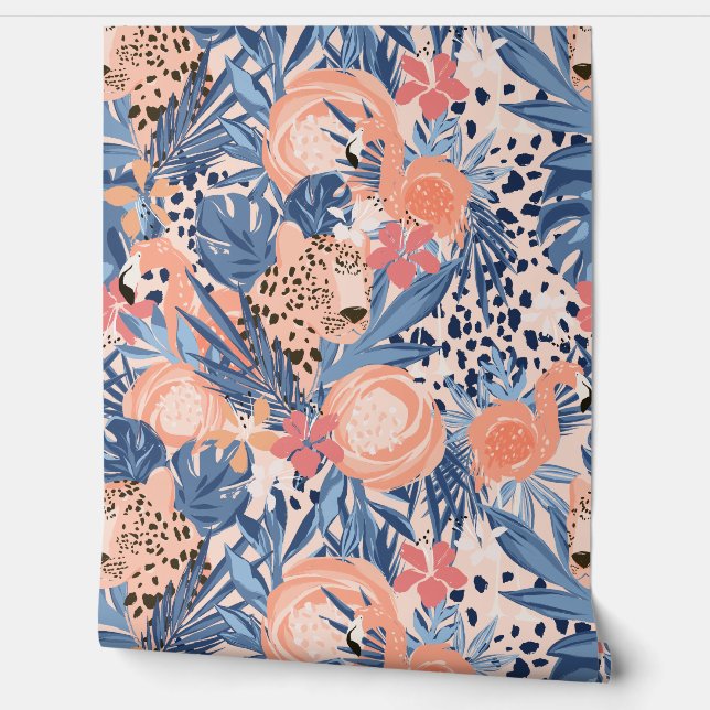 Papel Pintado Chita rosa brillante y tropical flamenco (Desenrollar)