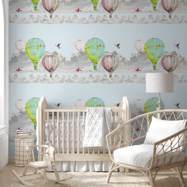 Papel Pintado Cielo de nubes globos de aire caliente pájaros azu (Niños)