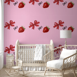 Papel Pintado Cinta roja y blanca con fresa