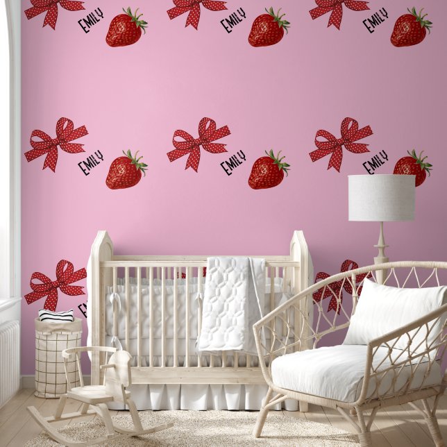 Papel Pintado Cinta roja y blanca con fresa (Niños)