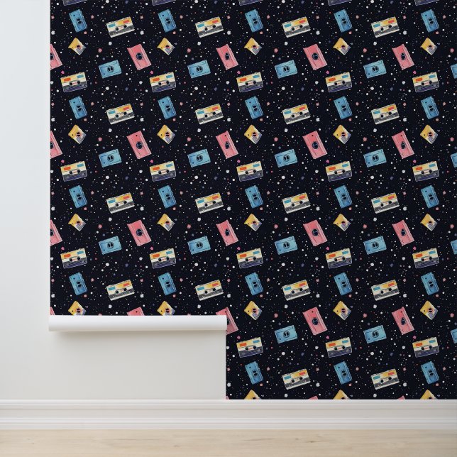 Papel Pintado Cintas de cassette retro en espacio cósmico (Solicitud)