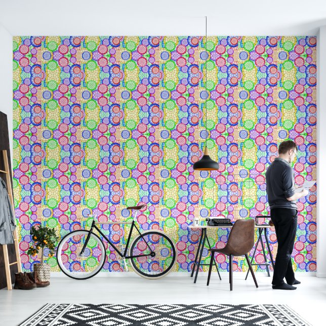 Papel Pintado Círculos concéntricos de arcoíris vibrante (Sala de estar)
