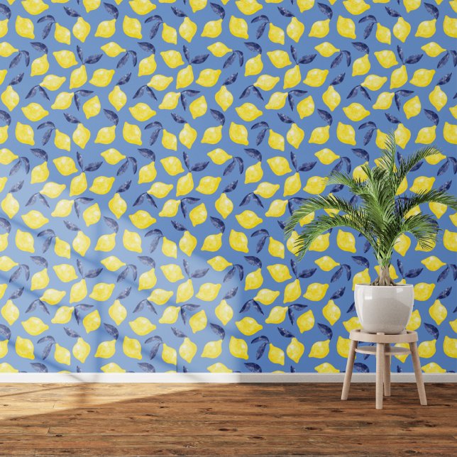 Papel Pintado Citrus Lemon Mediterráneo Amarillo Azul Acuarela (Blue and yellow citrus lemon watercolor Mediterranean art wallpaper)