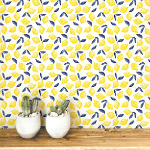 Papel Pintado Citrus Limón Mediterráneo Amarillo Blanco Acuarela