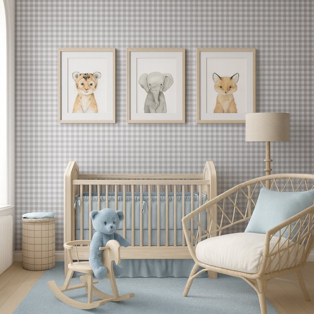 Papel Pintado Clásico Cuadrado Gingham Gris Blanco  (Mockup of boy nursery with khaki check wallpaper and blue decor )
