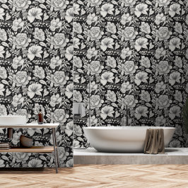 Papel Pintado Clásico Floral Vintage en Blanco y Negro
