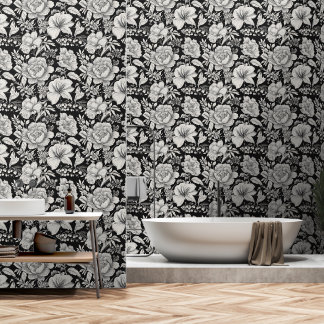 Papel Pintado Clásico Floral Vintage en Blanco y Negro
