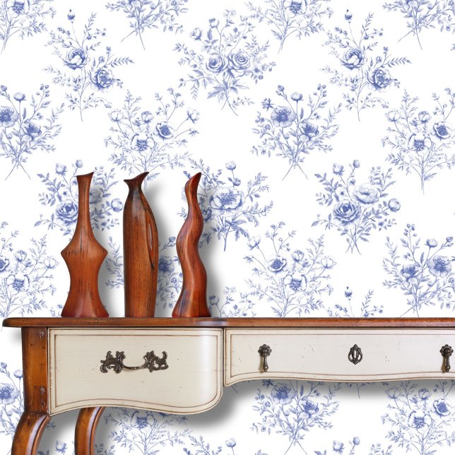 Papel Pintado Classic Blue Flowers Pattern French blue toile  (In situ)