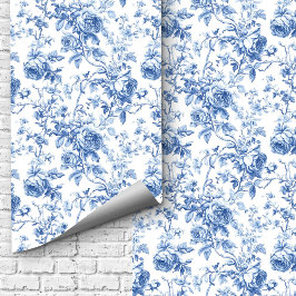 Papel Pintado Classic Blue French Toile Roses Floral Wallpaper  
