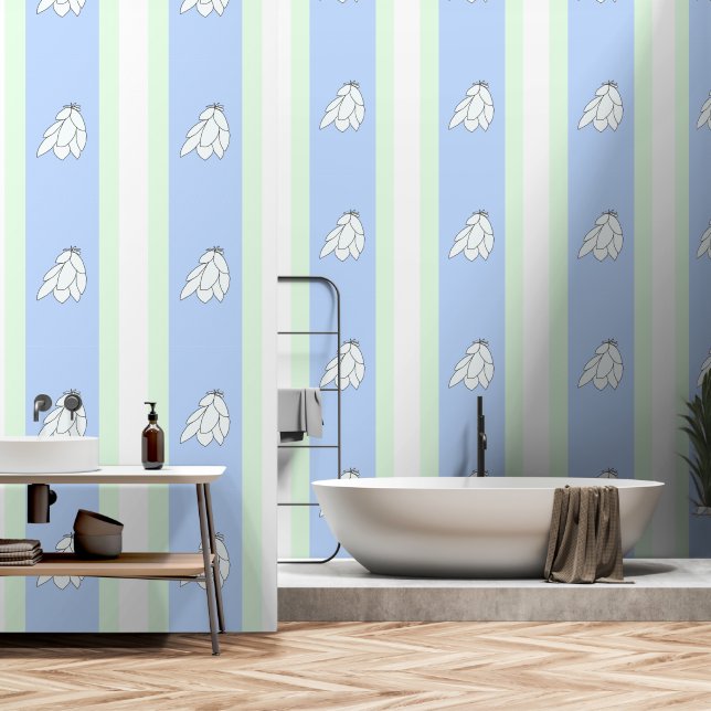 Papel Pintado Clústeres de hojas blancas verde azul (Baño)