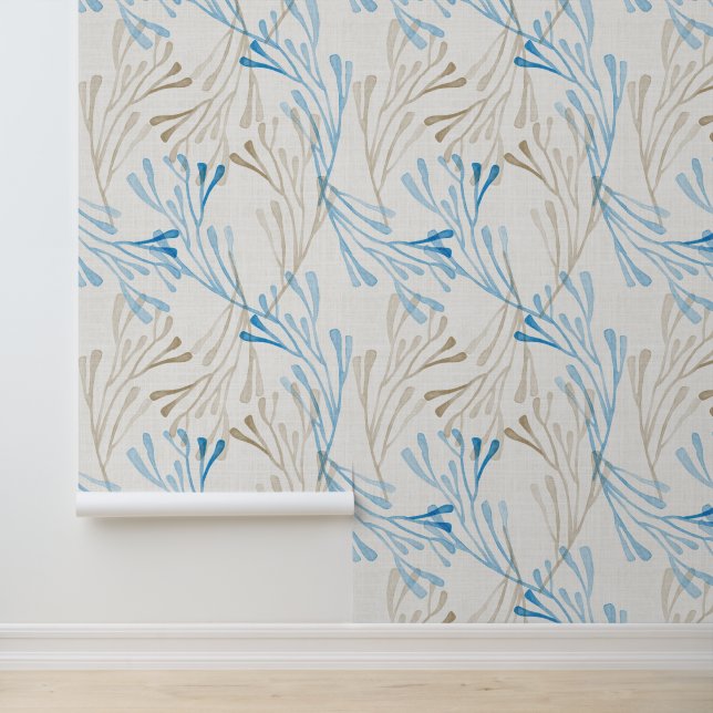 Papel Pintado Coastal Coral and Seaweed in Cobalt Blue & Beige (Solicitud)