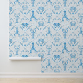 Papel Pintado Coastal Preppy Lobster and Crabs in Light Blue