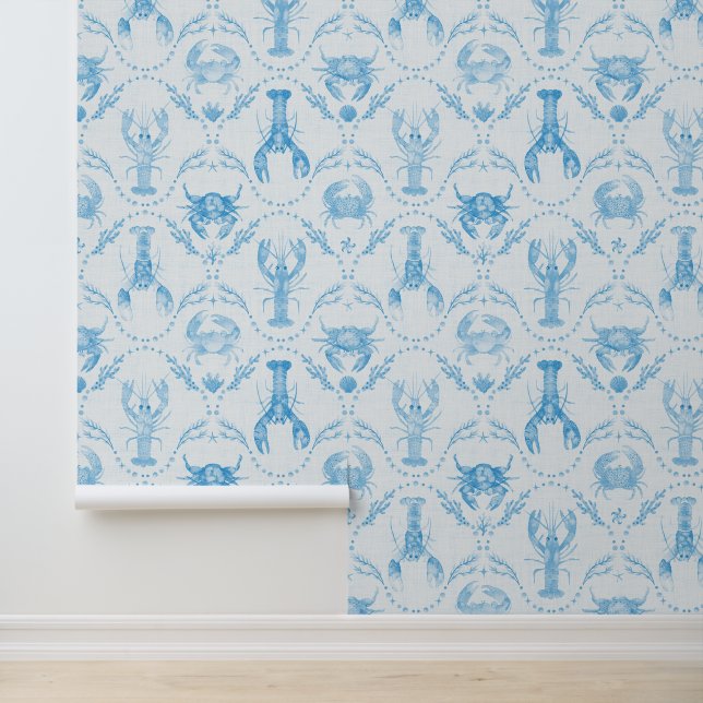Papel Pintado Coastal Preppy Lobster and Crabs in Light Blue (Solicitud)