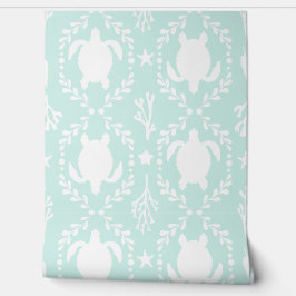 Papel Pintado Coastal Sea Turtles in White and Mint Green