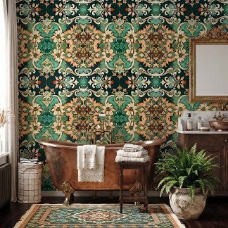 Papel Pintado Cobre Pátina Roleo de Acanto Estilo Antiguo