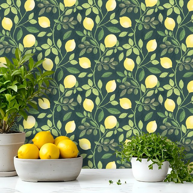 Papel Pintado Cocina Botánica de Rama de Limón (Botanical design with yellow lemons and green branches, perfect for kitchens and Mediterranean style)