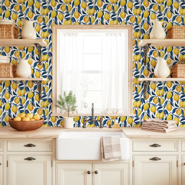 Papel Pintado Cocina de lémones amarillos y hojas azules (Subido por el creador)