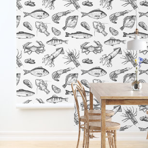 Papel Pintado Cocina Náutica Patrón de Pescado Blanco y Negro