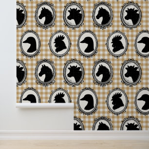 Papel Pintado Cocina rústica de granja Barnyard Gingham negro y