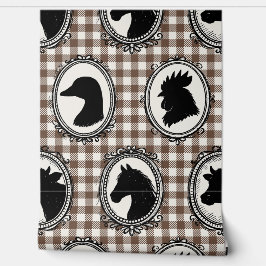 Papel Pintado Cocina rústica de granja Barnyard Gingham negro y 