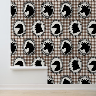 Papel Pintado Cocina rústica de granja Barnyard Gingham negro y