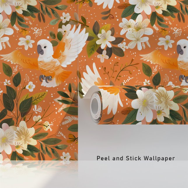 Papel Pintado Cockatoos florales en el florecimiento Naranja (Subido por el creador)