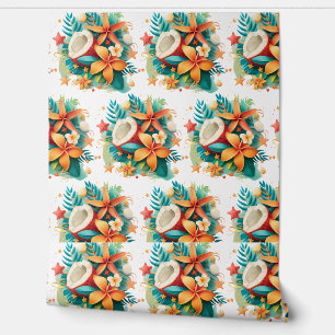 Papel Pintado Coco con flores y conchas