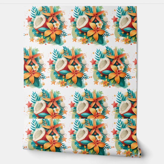 Papel Pintado Coco con flores y conchas (Desenrollar)