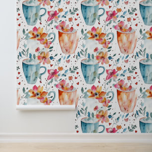 Papel Pintado Coffps y flores de acuarela caprichosa