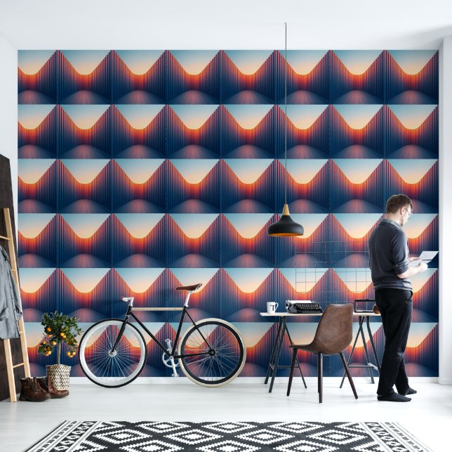 Papel Pintado colinas azul naranja (Sala de estar)
