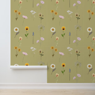 Papel Pintado Collage de Acuarela de Flor Silvestre Vintage sobr