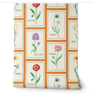 Papel Pintado Collage de sello de flor silvestre botánica vintag