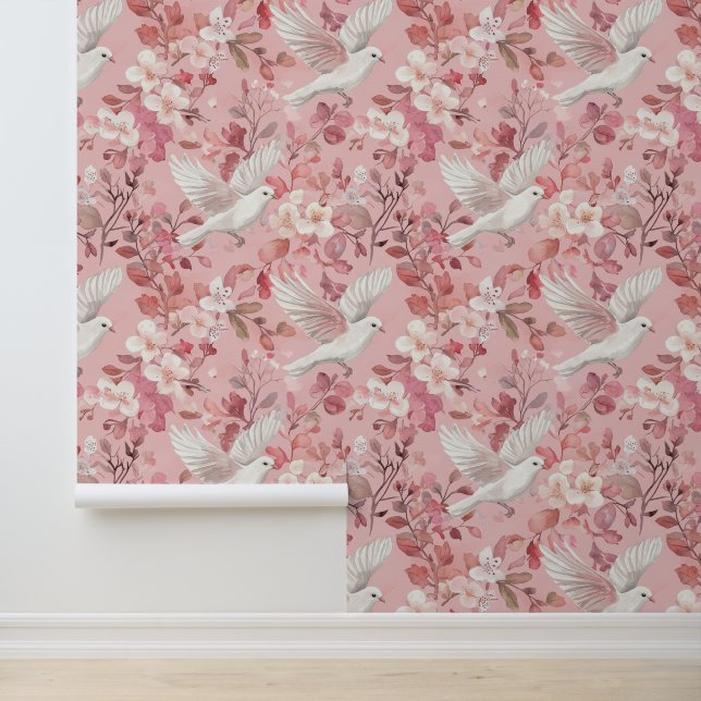 Papel Pintado colombes et fleurs sur fond rosa (Solicitud)