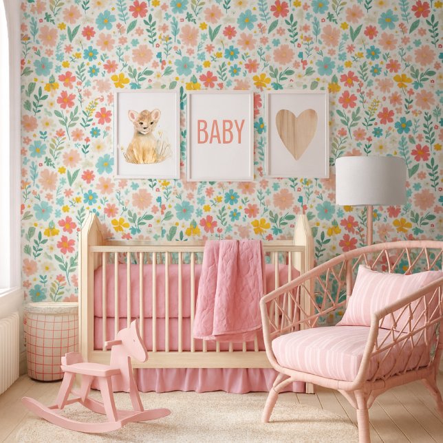 Papel Pintado Colorful  Wildflowers  Floral Wallpaper (A charming baby nursery featuring a joyful & fresh color palette, with a focus a stunning wallpaper)