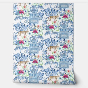 Papel Pintado Colorida Chinoiserie Leopard Pagoda n Willow Tree