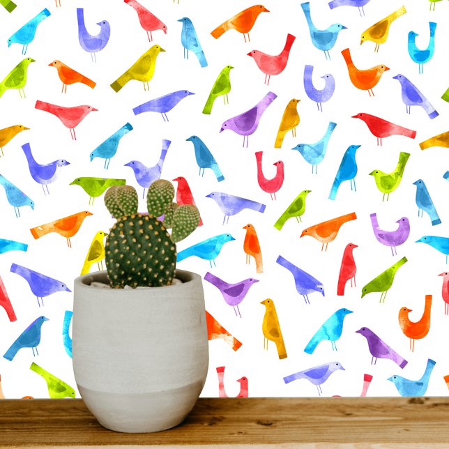 Papel Pintado Coloridas Aves Arte acuarela (Bright rainbow hued bird pattern wallpaper)